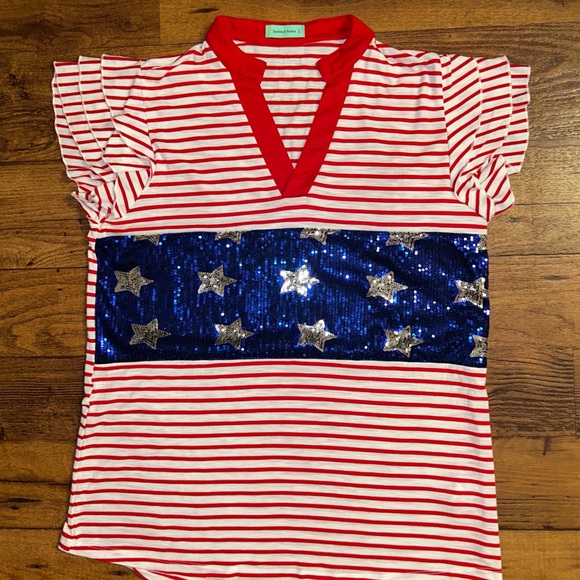 Sunshine & Rodeos • Red/White/Blue • Striped • Stars • Large • Sequins • Shirt - Picture 2 of 8